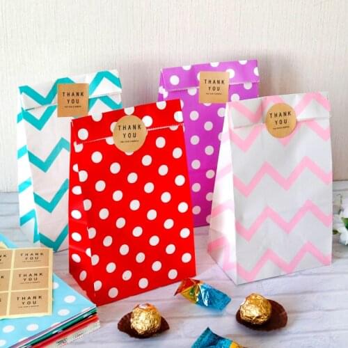 10sets Colorful Dot Zigzag Paper Gift Bags Wedding Birthday Party Cookie Candy Favor Bag Stand Up Gift Wrapping Bag with Sticker