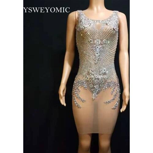 2019 Bling Rhinestones Sleeveless Dress Women Mesh See Through Birthday Celebrate Dress Evening Singer Show Outfit Prom Dress