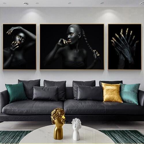 African Make Up Black Gold Woman Canvas Poster and Prints Fashion Modern Beauty HD Pictures for Interior Wall Art Painting Decor
