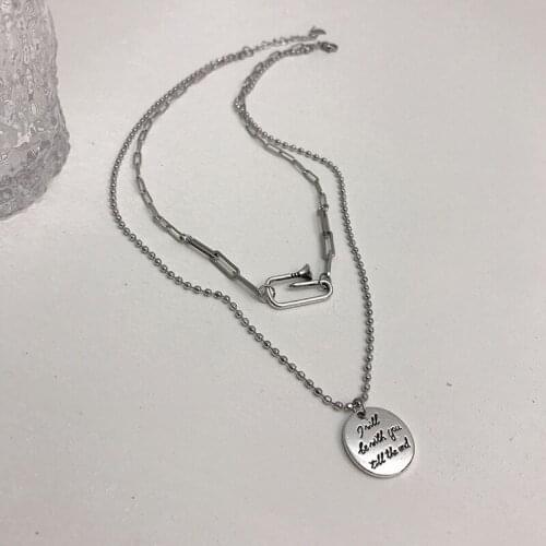 ALLNEWME Simple Titanium Steel Letter Printing Coin Pendant Necklace for Women Double Layers Beaded Chain Chokers Necklaces 2021