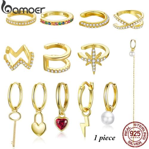 BAMOER 1PC Gold Plated Ear Cuff 925 sterling silver Circle Earrings ear clip Hoop Earrings for women
