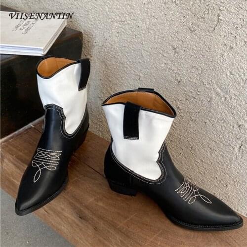 Pointed Thick Heel Embroidered Short Boots Stitching Color Matching Stitching Retro Western Cowboy Boots Skinny Martin Boots