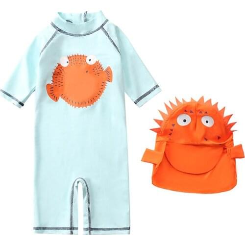 Boys One-Piece Swimsuit Pufferfish Long Sleeve Swimsuit Big, Middle and Small Kids Beach Sunscreen Clothes with Hat XYY-38