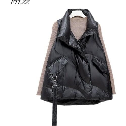 FTLZZ Winter Stand Collar Feather Vest Jacket Woman 90% White Duck Down Loose Coat Casual Solid Color Puffer Sleeveless Outwear