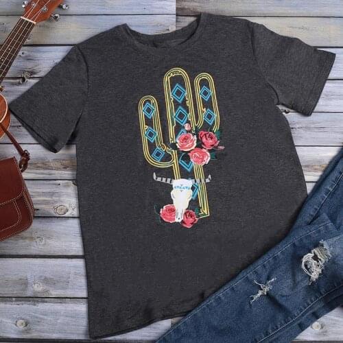 Cactus Steer Skull T-Shirt Tops Tee Women Casual T Shirt O-neck Harajuku Haut Femme Streetwear Summer Printed Tee Shirt