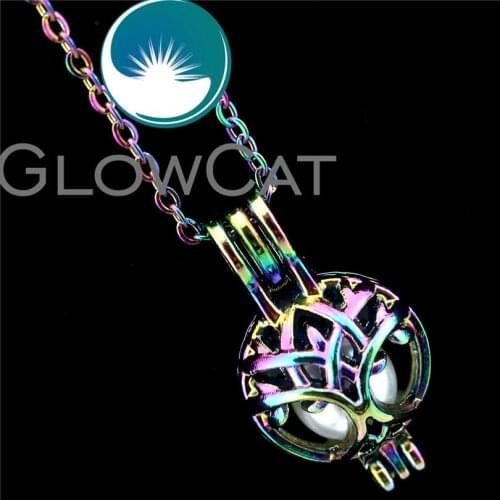 GLOWCAT R-C444 Rainbow Color Round Life Tree Beads Cage Pendant Perfume Diffuser Aromatherapy Pearl Cage Locket Necklace