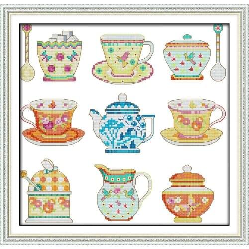 Joy Sunday Tea Set (2) Chinese Cross Stitch Kits Ecological Cotton Clear Stamped Printed 14 11CT DIY Wedding Decoration For Home