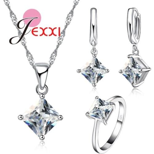 New Amazing Design Simple Square CZ Crystal Pendant Jewelry Set Necklace+Earrings+Ring Set For Women 925 Silver Wholesale