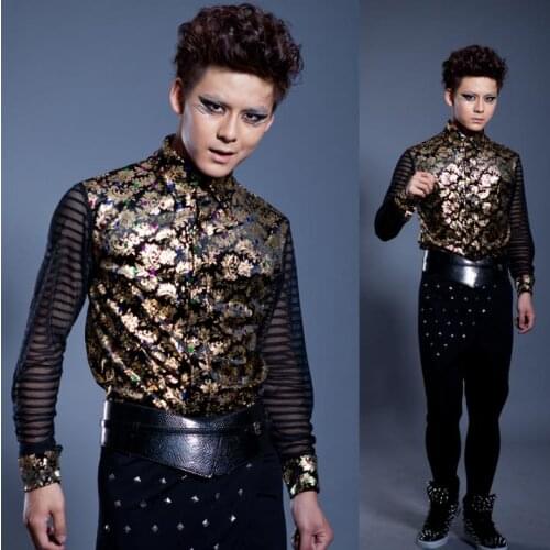 Fashion vintage punk slim sexy shirt men long sleeve shirt teenage floral print shirt mens personality stage singer dance