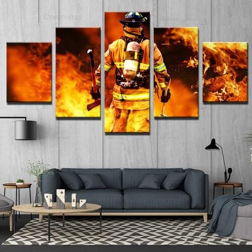 Modular Pictures 5 Panel Fireman Hero Fire Fighting Canvas Painting Wall Art 5 Pieces Wall Art Picture Print Paintings