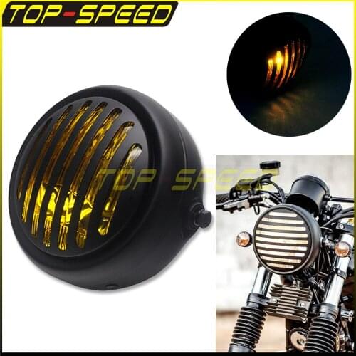 Chopper Bobber Cafe Racer 12V Retro 35W Headlight Yellow Lens Grill Cover Motorcycle For Harley Honda Yamaha Suzuki Kawasaki