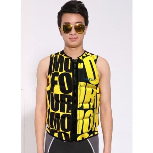 Mens Womens Life Vest Letter Printed Neoprene Yellow Black Safety Jacket for Horse Riding Jet Skiing, Motorboat, Surfing, Swim