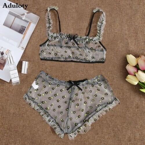 Summer New Ultra Thin Womens Underwear Black Flower Decal Pattern Sexy Bra Erotic Transparent Perspective Underwear Set