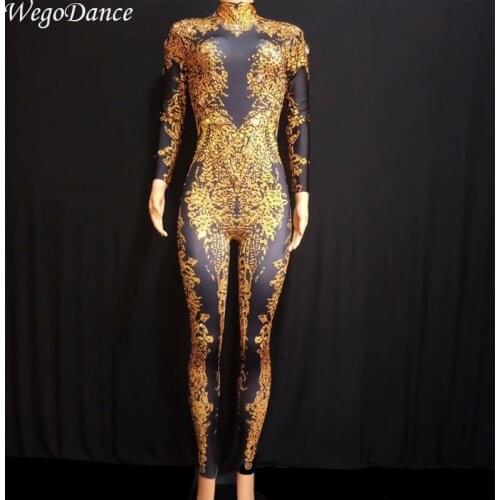 New Women Sexy Gold Rhinestones Jumpsuit Performance Outfit Singer gogo Nude Black Big Crystals Costume Dance Bodysuit