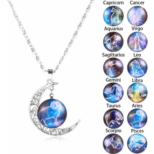 12 Zodiac Signs Pendant Crescent Moon Necklace Fashion Jewelry for Women Constellation Aries Aquarius Necklace Birthday Gift