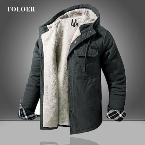 Mens Hooded Parkas Jacket Winter Thicken Fleece Men Warm Parka Jackets Fashion Solid Color Button Outdoor Coats Male High Brand