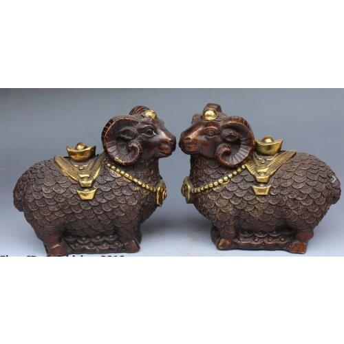 Song voge gem S0042 7" Chinese Bronze Gilt Zodiac Year Sheep Goat Money Wealth YuanBao Statue Pair