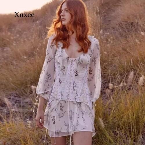 Vintage French Floral Girdle Dress Long Sleeve Holiday Ruffle V Neck Lace Up Bandage High Waist Women Dresses Sexy Vestidos