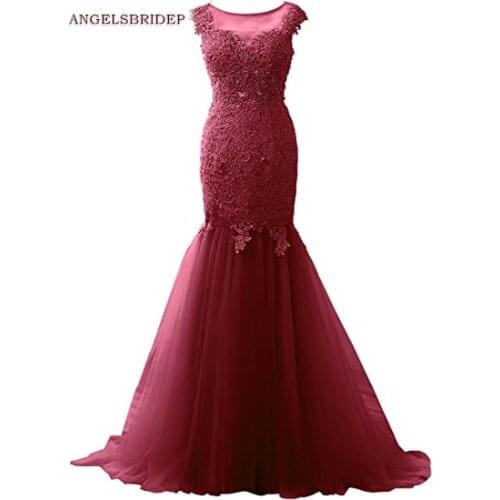 ANGELSBRIDEP Sheer Neck Mermaid Prom Dresses Applique Vestidos de festa Sexy See-through Back Abendkleider Evening Party Gowns