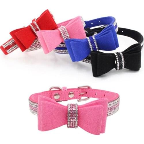 XXS~L Size Glitter Rhinestone Puppy Cat Collars Adjustable Leather Bowknot for Small Medium Dogs Cats Dog Pet Collar Accessories