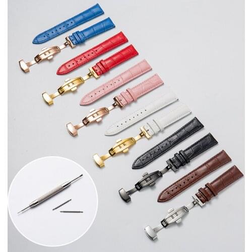 Six-color Leather Strap Universal Watch Steel Butterfly Buckle Strap Belt Wrist Strap + Tools
