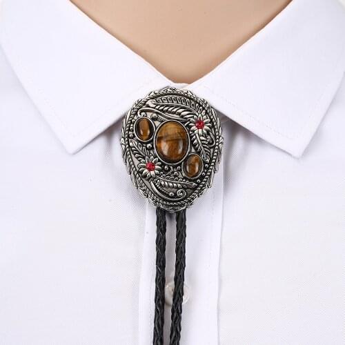 Tiger eye stone leaf bolo tie for man Indian cowboy western cowgirl leather rope zinc alloy necktie