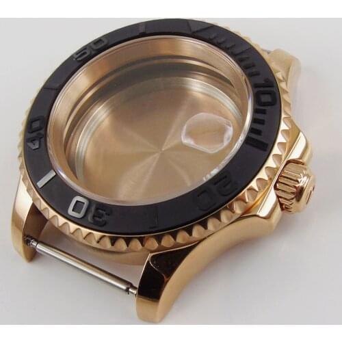 All Rose Gold Coated SUB 41mm Automatic Watch Case Brushed Black Insert Sapphire Crystal Screw Backcover