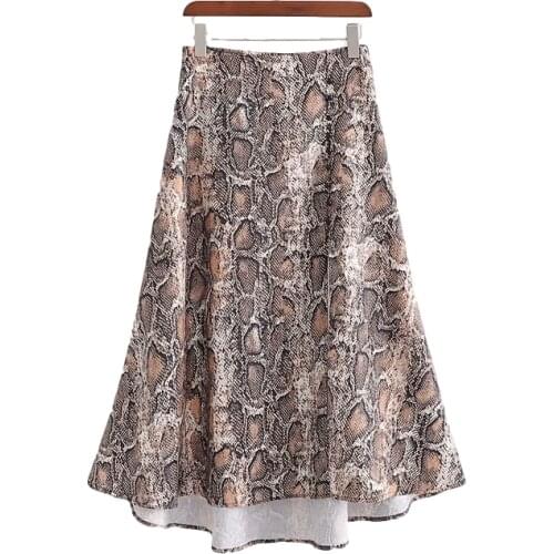 Spring Autumn Fashion Ladies A-Line Skirts Female Elegant Soft Botton Skirt Vintage Woman Snake Print Side Slit Skirt