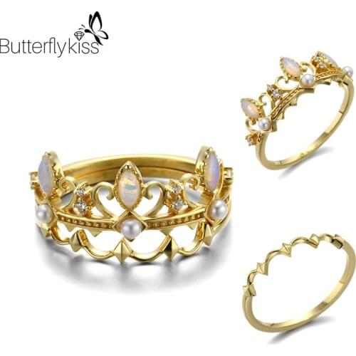 BK 925 Sterling Silver Crown Rings For Women Girls Vintage Fashion Wedding Engagement Fine Jewelry Pearl Opal Zircon