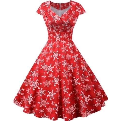 2021 Snowflake Print Red V Neck Wrap High Waist Vintage Robe Women Christmas Gift Cap Sleeve Elegant Party Dress Plus Size