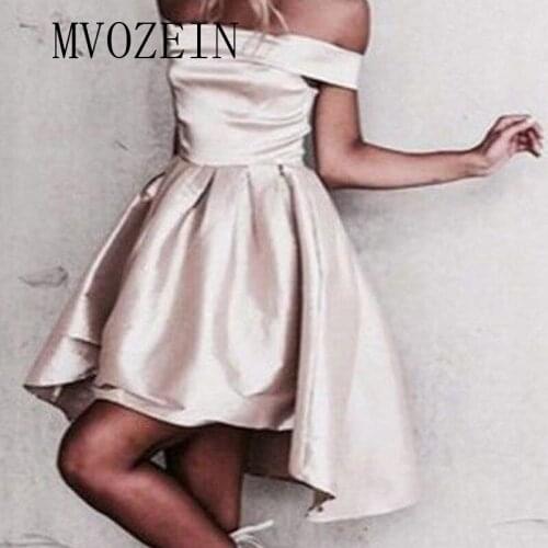 1. Elegant Satin Champagne Homecoming Dresses A-Line Off The Shoulder Above Knee Homecoming Dress Short Party Gowns