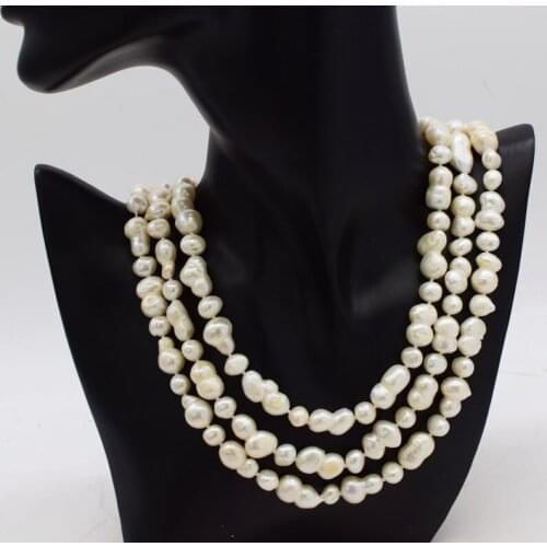 3rows Freshwater Pearl white baroque/round necklace 46-49cm Wholesale for women xmas gift