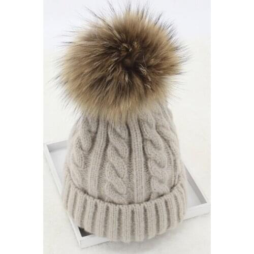Kids 15cm Nature Real Fur Pom pom Cable Twist Knitted Hats Girls Women Curled Warm Wool Skullies Beanies Caps Ski Bonnet Gorros