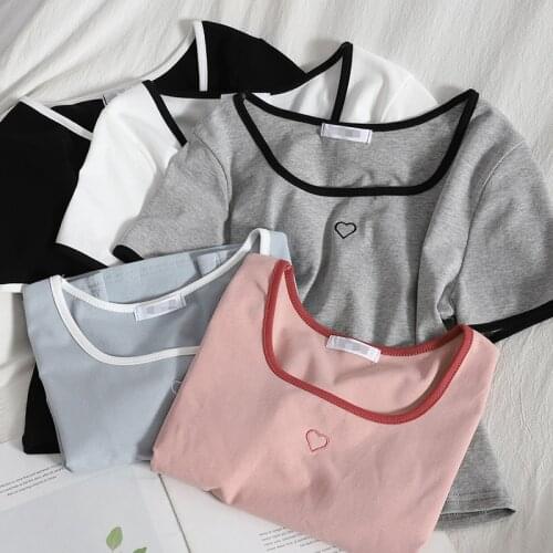 Heliar Women Plain T-shirts Square Neck Cute Crop Tops Short Female Short Sleeve V Neck Crop Tees For Women 2021 Summer