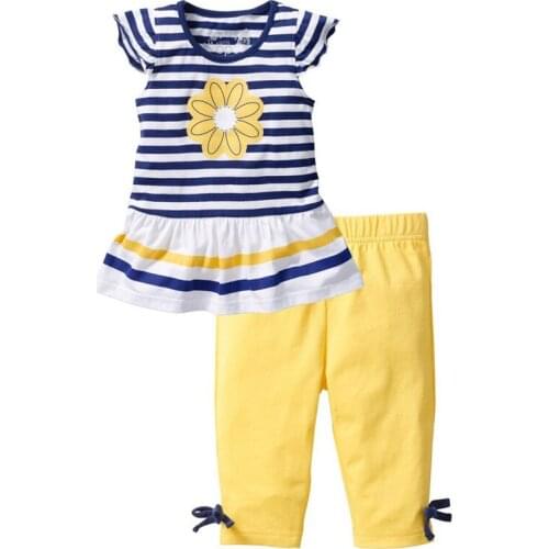 Korean Daisy Summer Toddler Kids Boys Clothes Sport suit Kids Girls Daisy Flower Stripe Shirt Top Bow Pant Set Clothing B0698