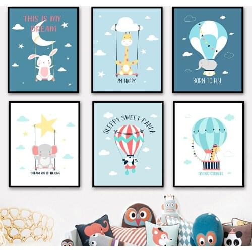Rabbit Giraffe Elephant Panda Moon Cloud Swing Wall Art Canvas Painting Nordic Posters And Prints Wall Pictures Kids Room Decor