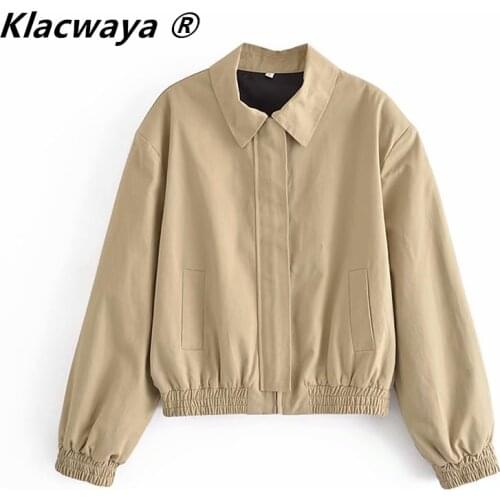 Klacwaya Women 2021 Fashion Bomber Jacket Solid Color Chic Letter Behind Zipper Loose Casual Jacket Femme Mujer