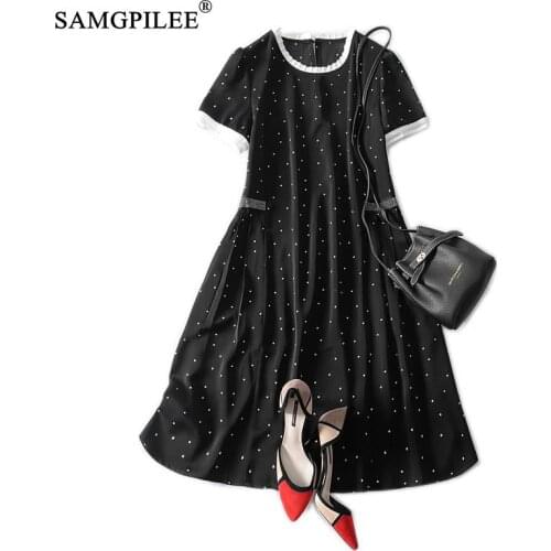 Summer Clothes For Women 2021 New Fashion Waist Rhinestone Lace Collar O Neck Slim Polka Dot Knee Length Thin Dress Woman