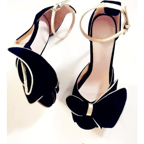 Fashion Woman Gold Lacework Bowtie Sandals Thin High Heel Gold Ankle Strap Peep Toe Shoes Black Suede Gladiator Party Sandals