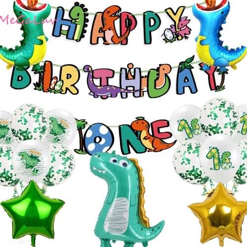 Cartooon Dinosaur Party Confetti Latex Balloons Dinosaur Bunting Jungle Wild Animal Party Dino Boy 1st Birthday Party Decoration