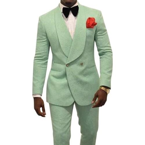 Latest Double-Breasted Mint Green Paisley Groom Tuxedos Shawl Lapel Men Suits 2 pieces Wedding/Prom/Dinner Blazer