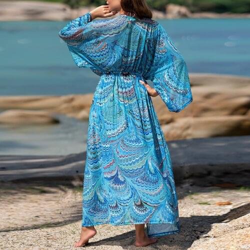 Boho Blue Feather Print Beach Pareo Robe Plus Size Women Swimsuit Cover Up 2021 Summer Swimwear Beachwear Tunic Kaftan