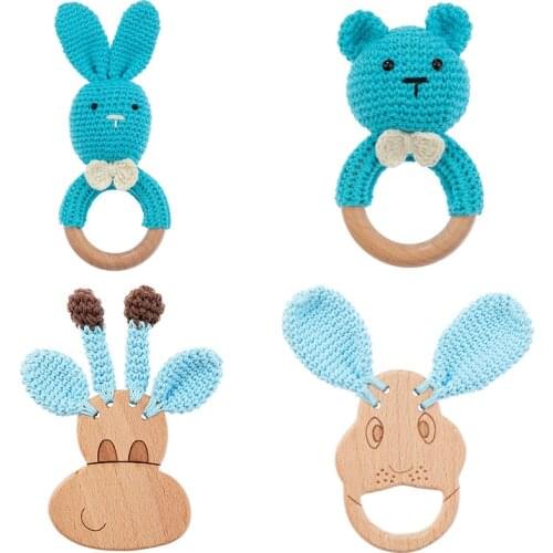 New Listing Nursing Wooden Teether Natural Teething Grasping Toy Woolen Woven Elephant Animal Style Beech Wood Teether