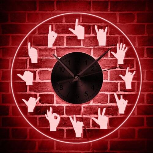 Modern Wall Clock With Backlight Color Changing Silhouette Hand Signs Quartz Silent Time Clock Glow Clock Transparent