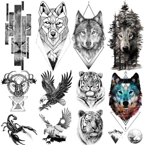 Eagle Temporary Tattoos For Men Women Wolf Black Animal Tattoo Tiger Forest Elk Geometry Mountain Fake Tatoo Scorpion Hands Arm