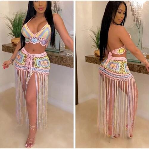 Crochet Knitted beach dress sexy women crop top+ long tassel skirts bikini swimwear cover up Robe De Plage 2PCS/SET