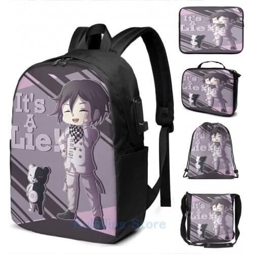 Funny Graphic print Ouma Kokichi Its a Lie! USB Charge Backpack men School bags Women bag Travel laptop bag