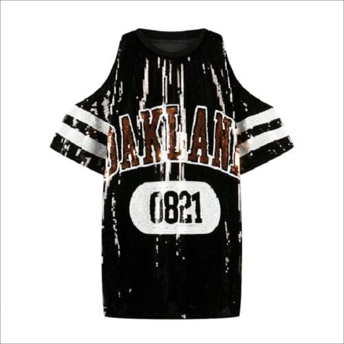 Chic Ins 2021 Spring Summer Women Sequined Long T-Shirt Hip Hop Girl Loose Cutout Bling Tops Tee Mini Dress European Punk Style