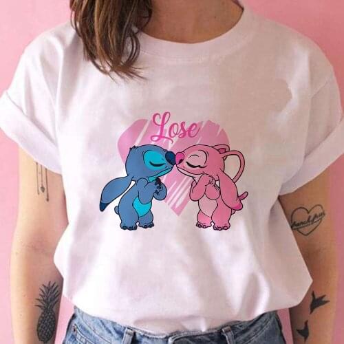 Stitch Angel Printed Women T Shirts Couples in love O-Neck Disney youth Lilo & Stitch Hot Selling Love valentines day Clothing