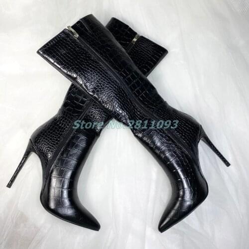 Top Quality Cow Leather Stone Pattern Boots Knee High Side Zipper Stiletto Thin Heel Dress Women Shoes Genuine Leather